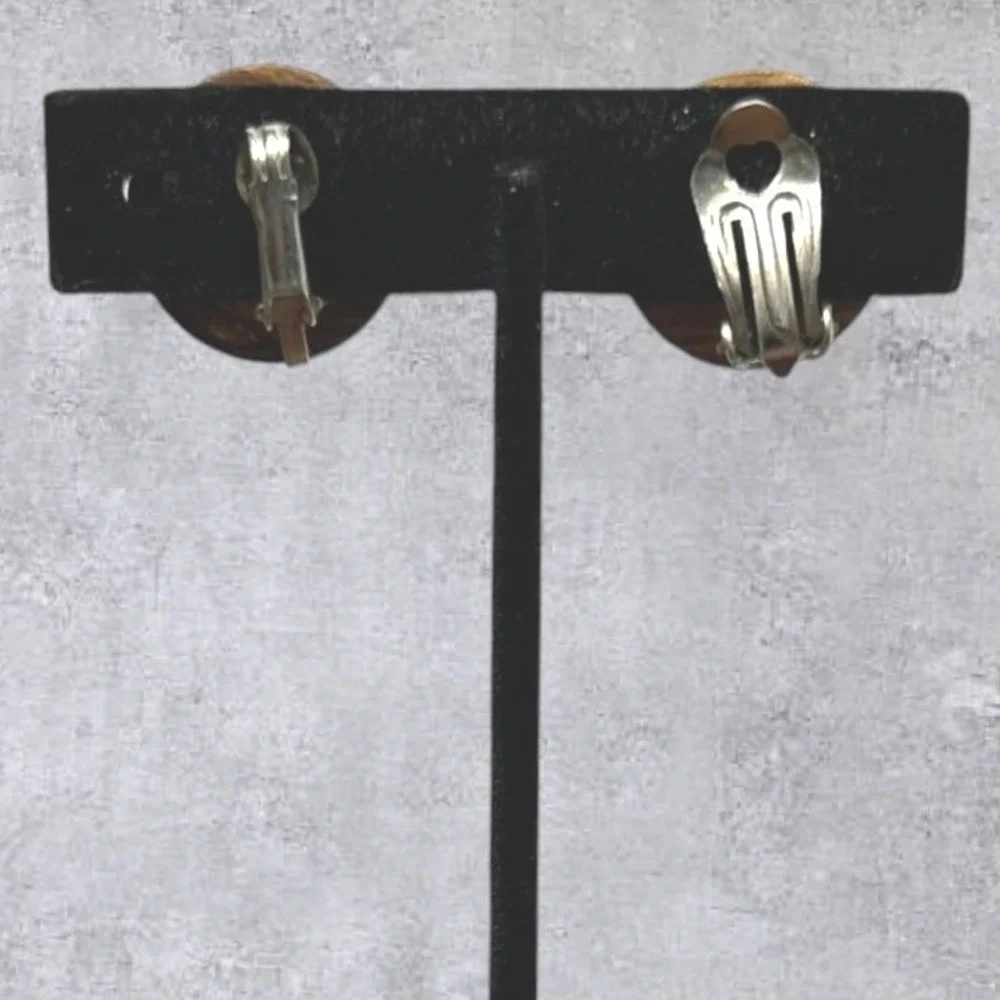 Clip On‎ Earrings Womens Brown Good Vintage Wood Dome Studs Boho